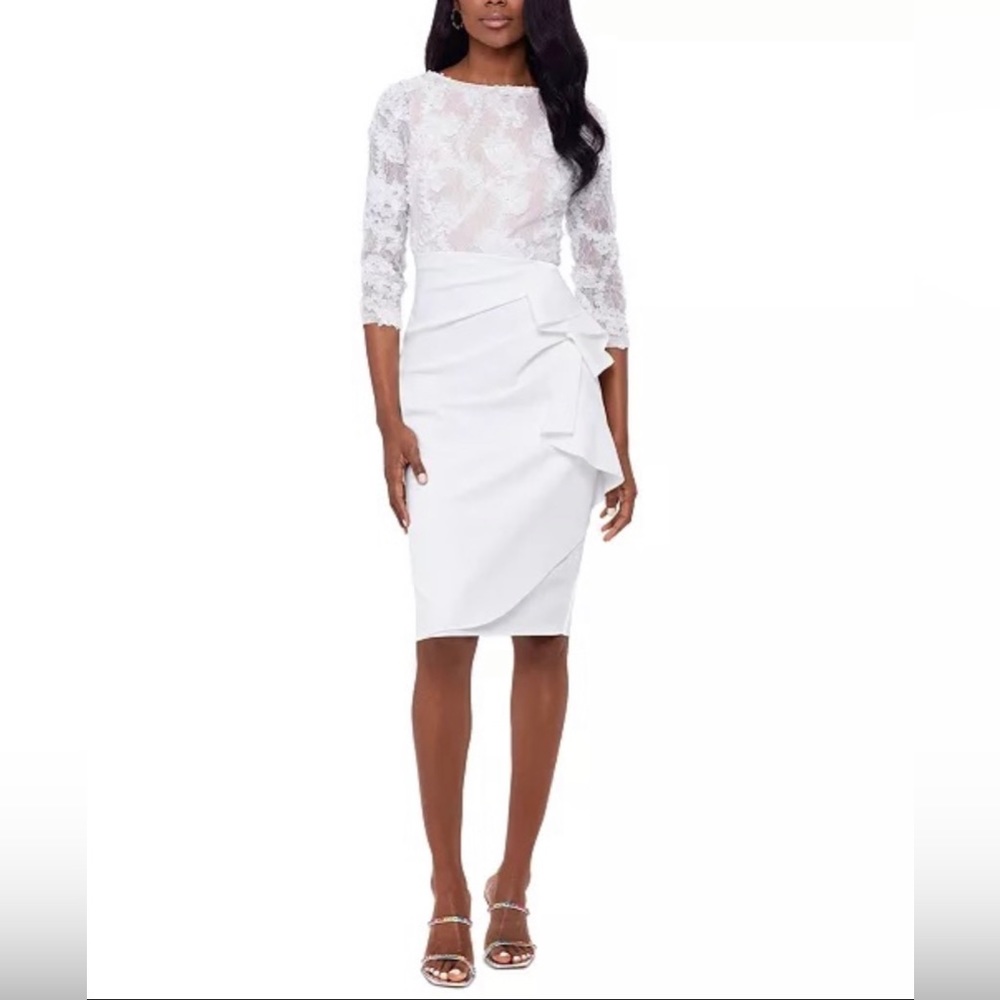 Ivory (not bright white), 3/4 length sleeve, GORGEOUS floral appliqué midi dress